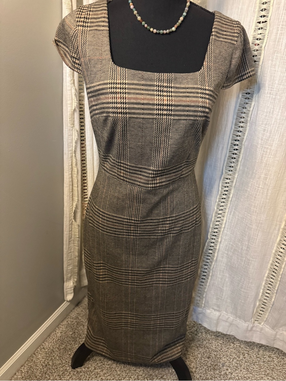 Nine West Black & Tan Plaid Square-Neck Midi Dress